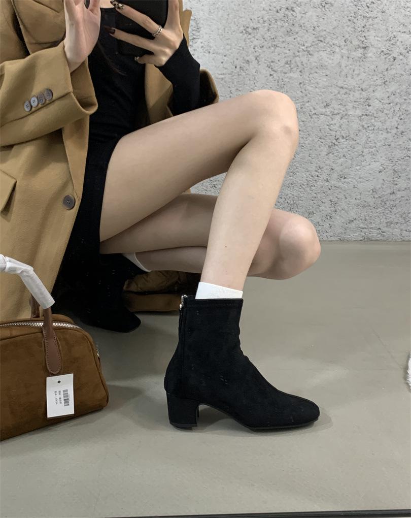 Brown short boots women's high heel thick heel rear zipper square head versatile 2025 new autumn and winter Korean version suede thin boots