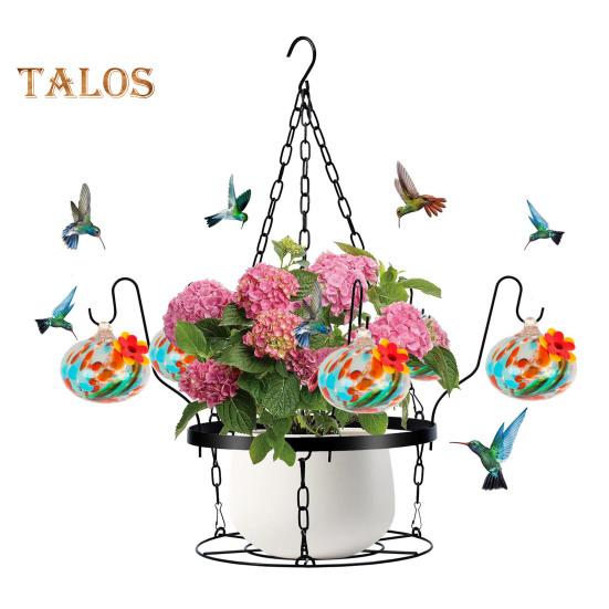 Hand Blown Glass Hummingbird Feeder 2-in-1 Hanging Metal Planter Holder with 6 Small Blown Glass Birdfeeder for Garden Backyard Window Decor