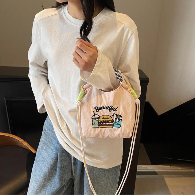 Fashion Sweet Nylon Embroidered Canvas Shoulder Bag Casual Commuter Student Small Square Bag Trend Versatile Crossbody Bag