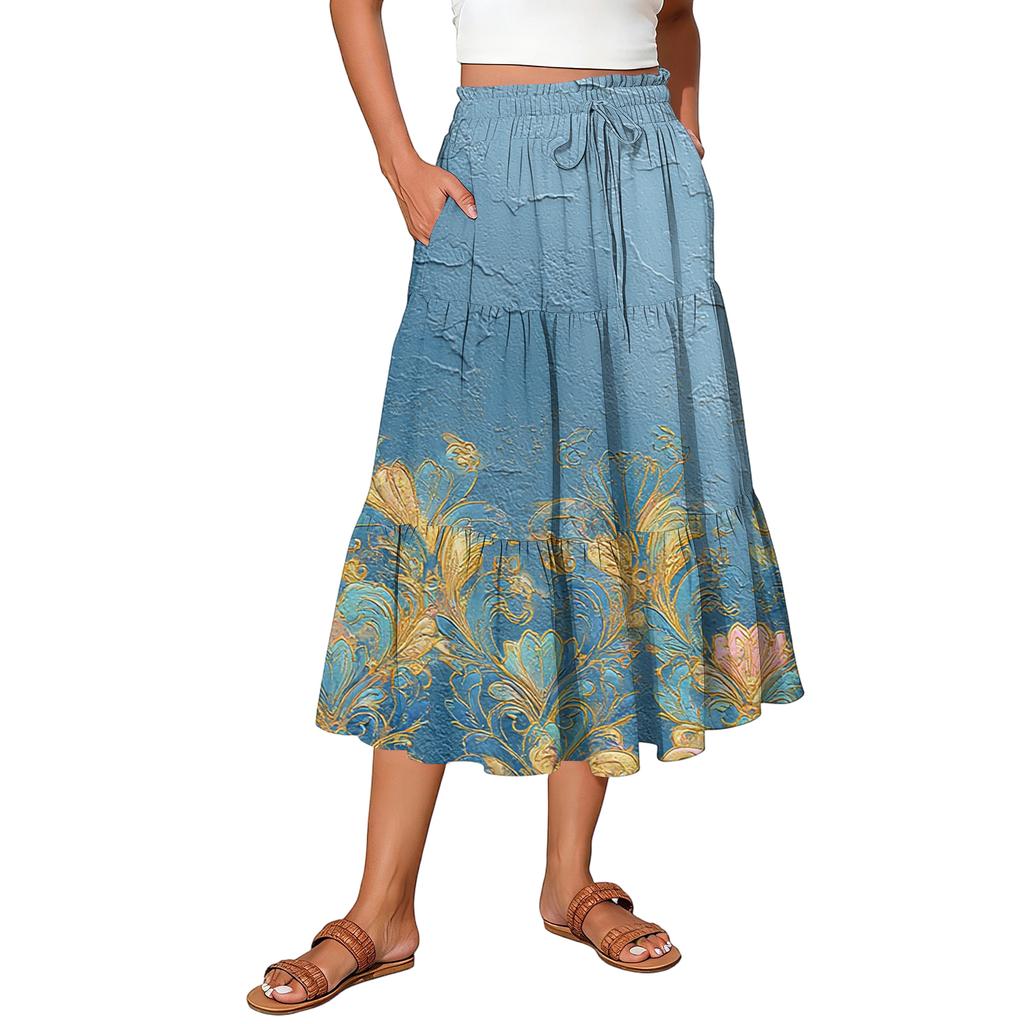 Womens Maxi Skirt Drawstring High Waisted Summer Long Skirts Lightweight Tiered Flowy Floral Pleated Skirts