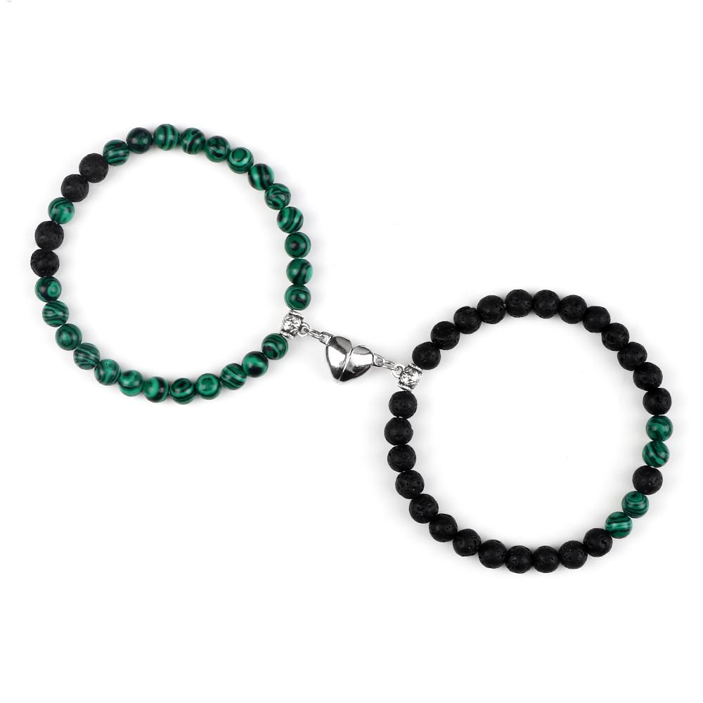 2Pcs/Set Couple Magnet Heart Shape Pendant Bracelets 6MM Malachite Tiger Eye Bangles Love Relationship Pulsera Jewelry Gift New