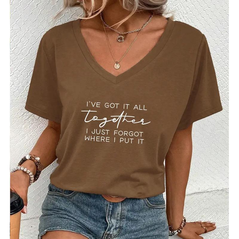 Fashion Simplified Letters Painting Blouses Short Sleeved V-Neck T Shirts Casual