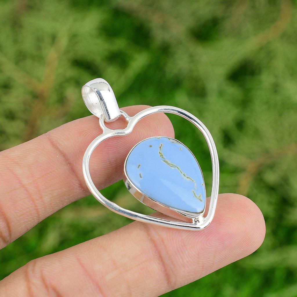 Daughters Day Deal Natural Owyhee Blue Opal Bezel Heart New Pendant 925 Silver