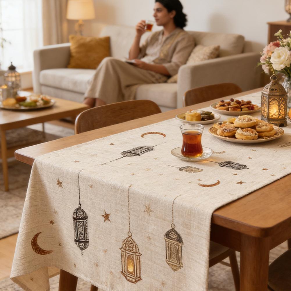 Moon Star Lantern Ramadan Table Runner, Kitchen Dining Table Decoration For Eid Muslim Festival Home Party Decor