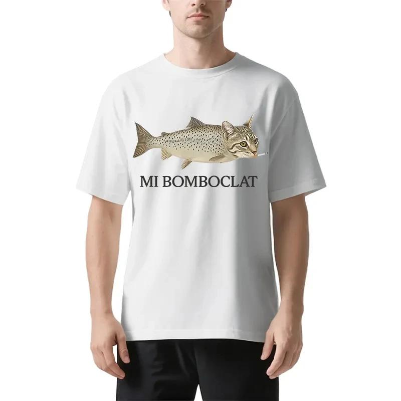 

Bomboclat Fish Cat Meme Printed Cotton T-shirt Summer Men s and Women s New Clothing Fashion Casual Y2K T-shirt Street Wear S чёрный