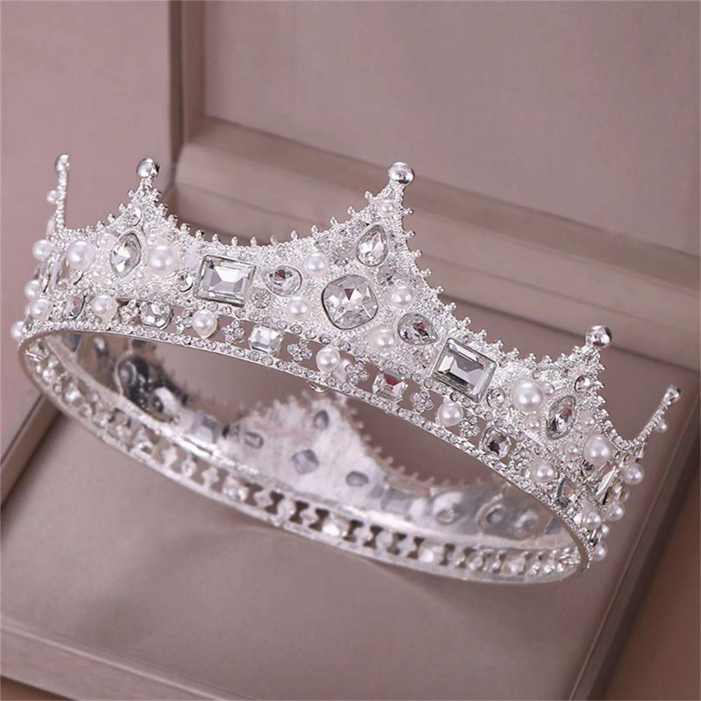 Rhinestone Bridal Tiara Crown Round Shape Wedding Hair Jewelry Vintage Baroque Crown  Costume Party