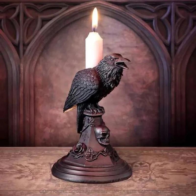 Artistic Gothic Resin Owl & Crow Candle Stand 2-in-1: Decor Sculpture & Candle Holder For Halloween & Home Ambiance Decoration
