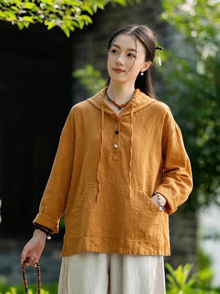 Artistic Retro Women's Long-Sleeved Hooded Linen Pullover Sweatshirt - Loose Casual Washed Cotton Top