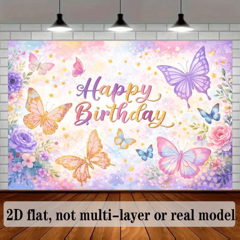 2D verspielter Schmetterlings-Geburtstags-Hintergrund mit Blumen und Sternen Foto-Booth-Banner