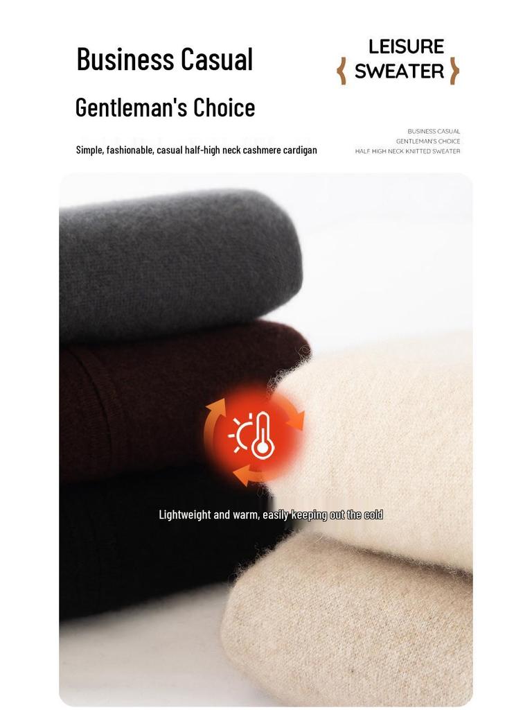 Men's Cashmere Zipper Knit Cardigan - Half-High Collar, Solid Color, Long Sleeve, Versatile Autumn/Winter Sweater.