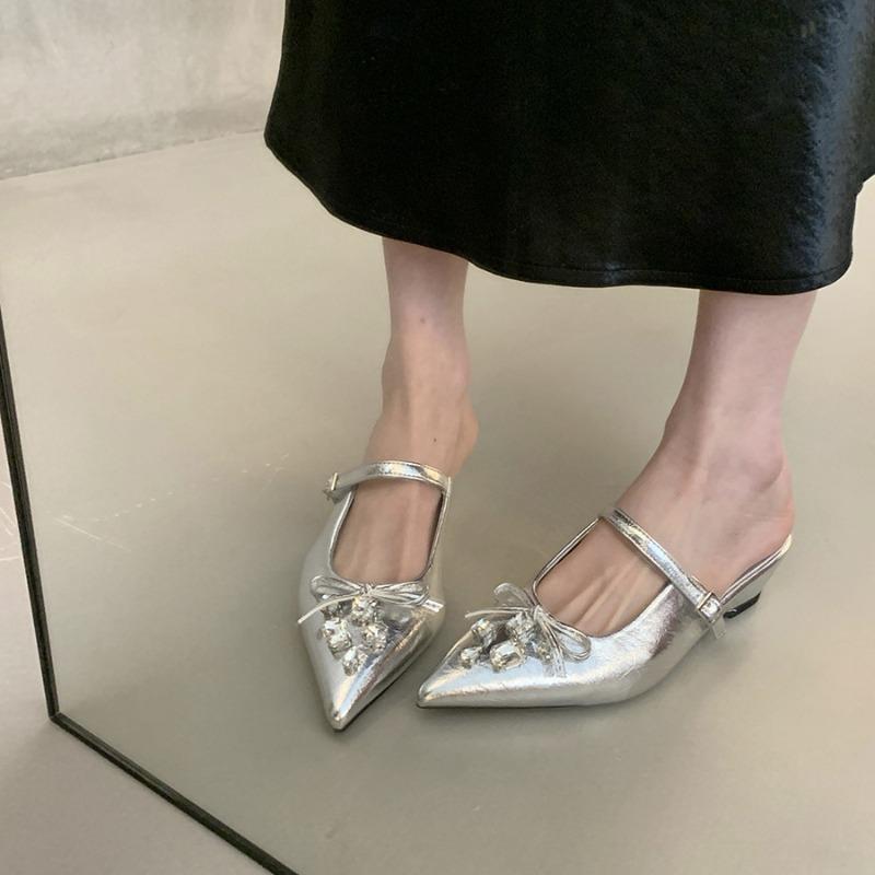 Fashion Hot Selling 2025 Elegant Butterfly Knot Water Diamond Head Cover Half Slippers Women Summer Skirts Slope Heel Fairy Slippers