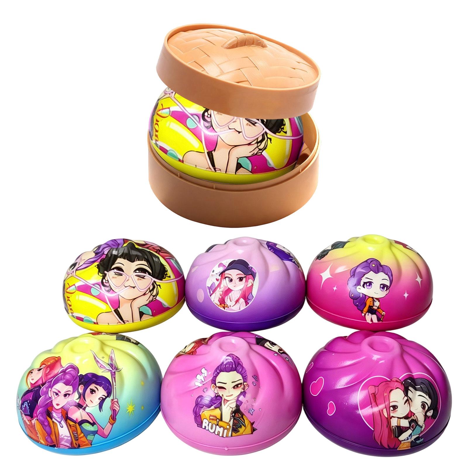 

6pcs Cartoon Character Steamed Bun Toy Set with Round Steamer Container Collectible Decorative Figurines for Display and Play One Size