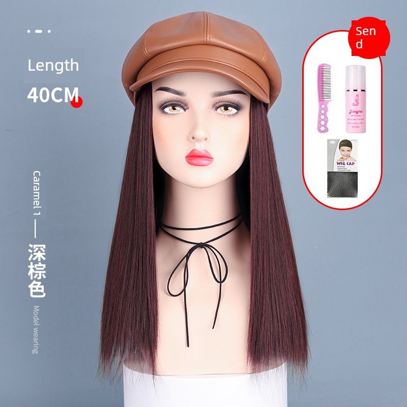 

Кожаная восьмиугольная кепка с интегрированным париком, осенне-зимняя средней длины, прямые волосы, красная женская беретка, омолаживающая короткая прическа, съемная Skin Octagonal Caramel-Medium Straight-Dark Brown