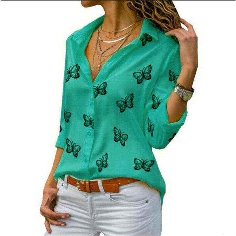 Multicolor Butterfly Print Loose Lapel Shirt Women