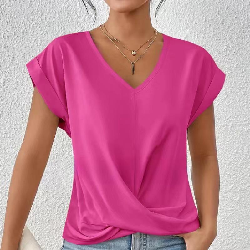 Women's Solid Color V-neck T-shirt Elegant Short-sleeved Blouse Spring and Summer Casual Women's Clothing