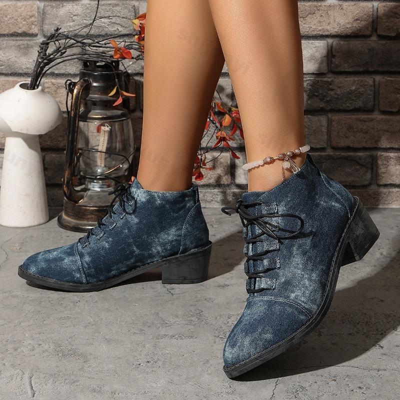 Fashion Large Size Women's Fashion Short Boots Autumn Winter Vintage Lace Up Chunky Heels Comfort Non Slip Height Increase Casual Shoes