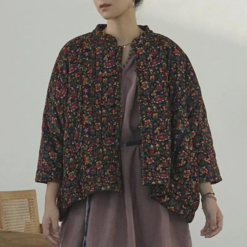 Johnature Women Chinese Style Corduroy Parkas Stand Long Sleeve Button Winter Vintage Coats Print Floral Warm Winter Parkas