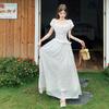 French One-word Shoulder White Pendulum Dress Women's Waist and Thin Long Gentle Wind Vacation Polka Dot Skirt