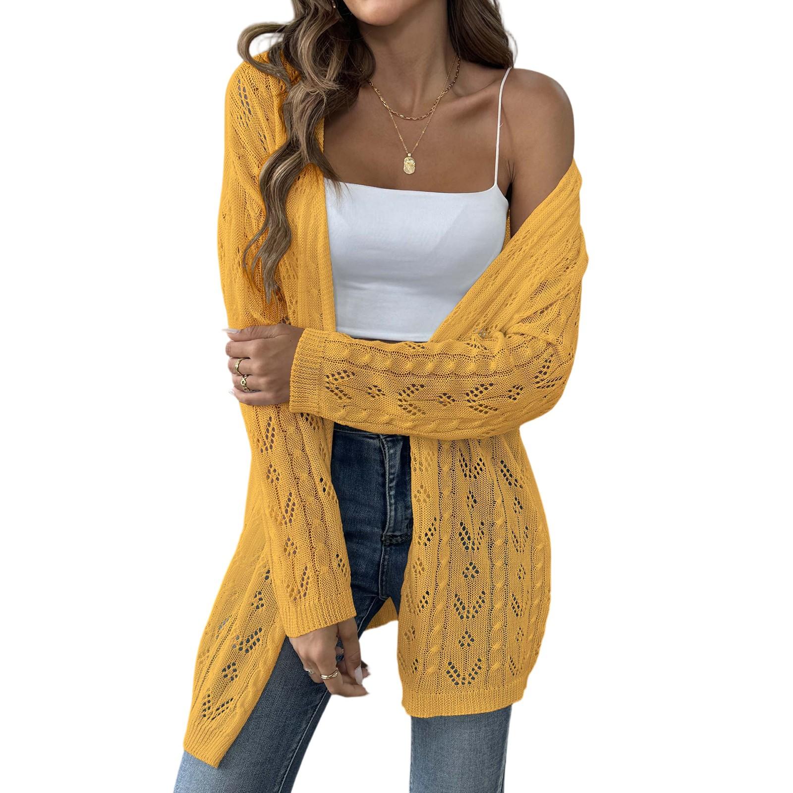 

Женский вязаный кардиган средней длины однотонный с длинным рукавом куртка свитер вязаный свитер One Size жёлтый