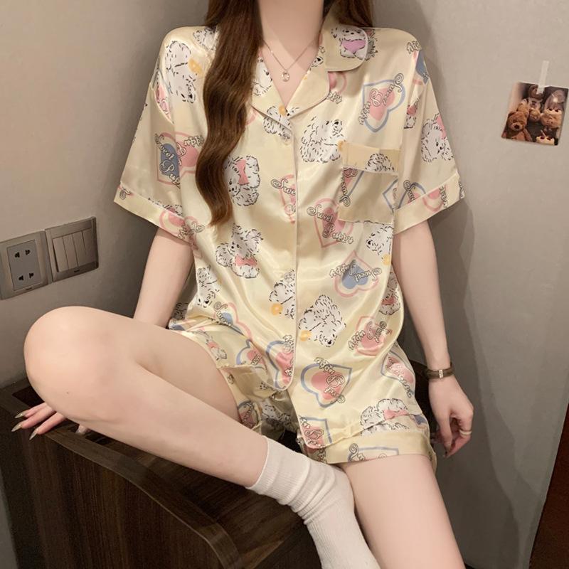 Summer Cute Cartoon Puppy Ice Silk Cool Pajamas Women'S Sweet Wind Short-Sleeved Casual Loungewear Set