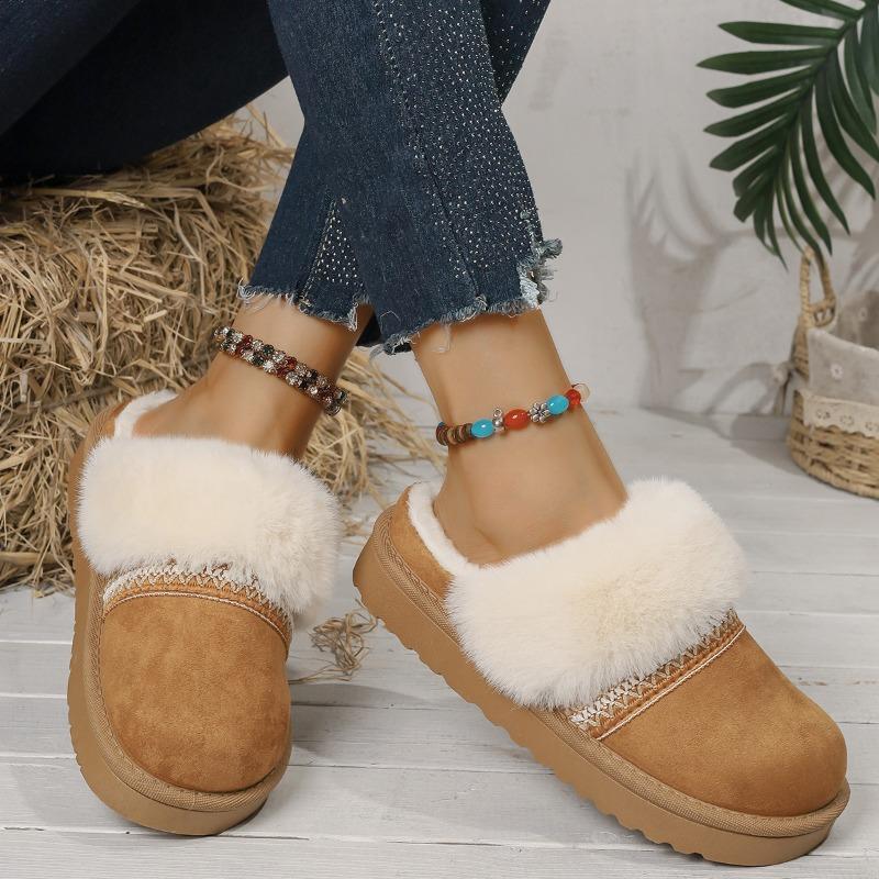 Cross-border Thick-soled Snow Boots Women's Hairy Mouth Bag Head Thickened Cotton Drag Women's Velvet Warm Indoor Home Can Wear Cotton Shoes Outside