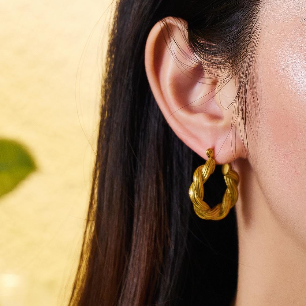 European Retro Simple Titanium Steel Twisted Braid Ear Cuff and Stud Earring for Women