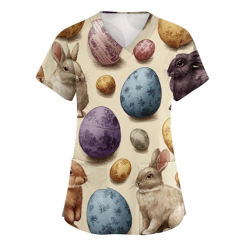 Damenmode V-Ausschnitt Kurzarm Arbeitskleidung Mit Taschen Osterdruck Oberteil Pflegekraft Uniform