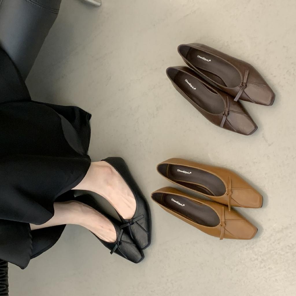 Temperament bow light mouth low heel single shoes women's 2025 new evening wind ladyshoes