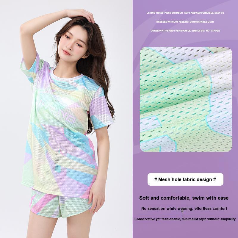 Li-Ning Fashionable Comfortable Simple UV Protection Outdoor Sports Two-Piece Swimsuit Women swimsuit Pink Floral LSYU040-3+LSYU041-1