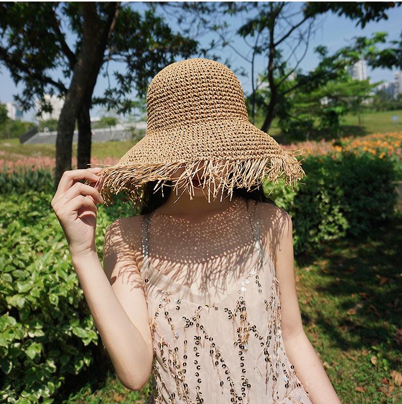 Women's Korean-Style Wide Brim Frayed Straw Hat - Breathable Summer Sun Protection