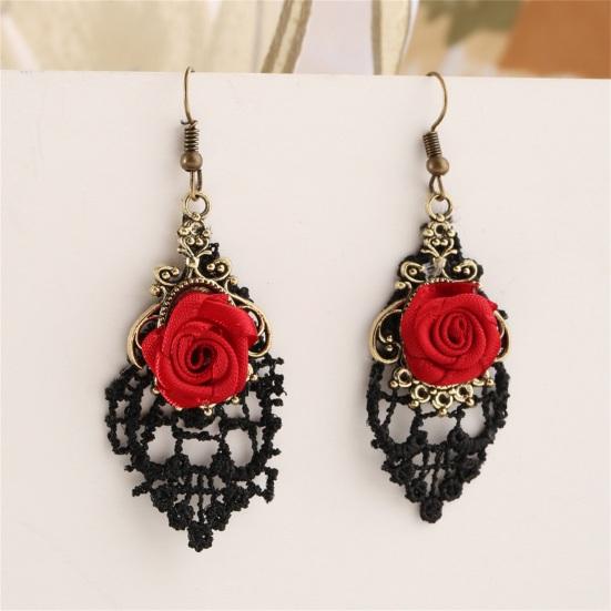 1 Pair Women Fashion Lace Red Rose Hollow Dangle Hook Earrings Jewelry Gift