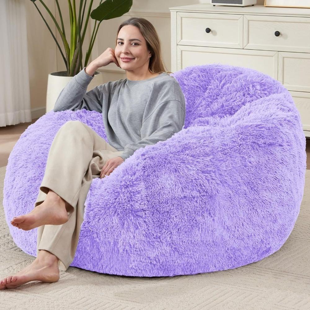Comfy Soft Fluffy Plush Lazy Sofa Cover Large Size Round Bean Bag Chair Cover Cozy Colorful Beanbag Sofa Cover Dorm Room