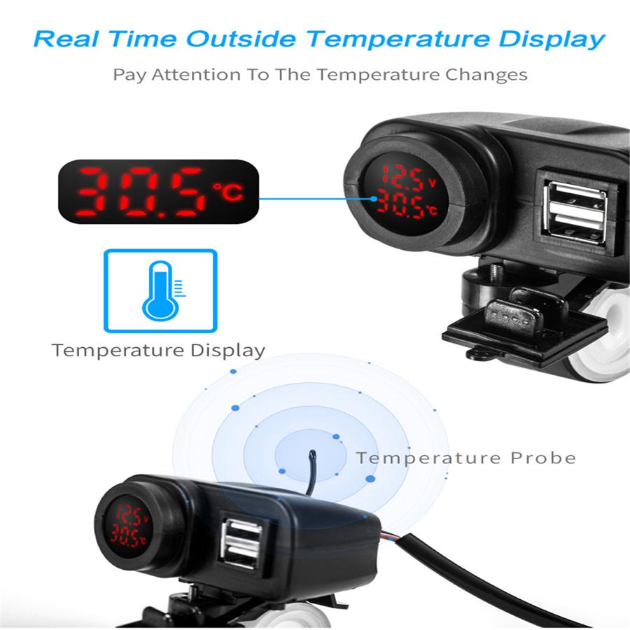 Universal Motorcycle 12v Dual USB 2.1A+2.1A Charger  With Digital Voltmeter LED Display Thermometer