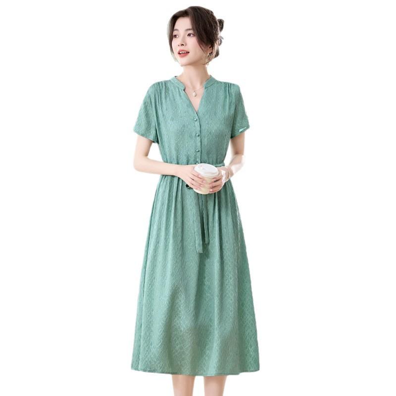 Guanle Wrinkled Silk Dress  Dress V-neck Medium and Long Skirt Waist Thin Mulberry Silk Dress