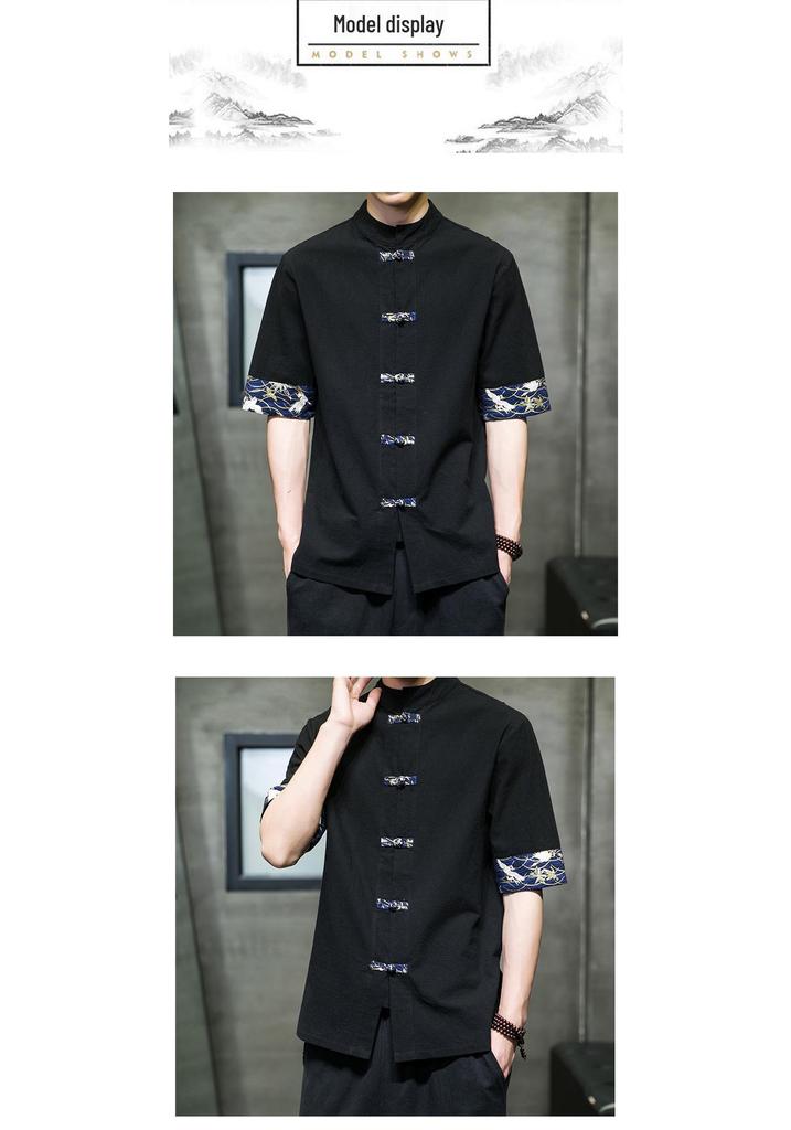 Men's 2022 Retro Chinese Style Color Block Cotton Linen Frog Button Short Sleeve Shirt