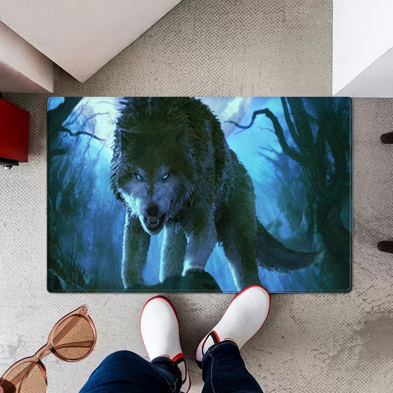 Rutschfeste Fußmatte mit 3D-Wolf-Tierdruck, mehrere Größen, saugfähiger Schwammteppich für den Eingang von Küche und Bad