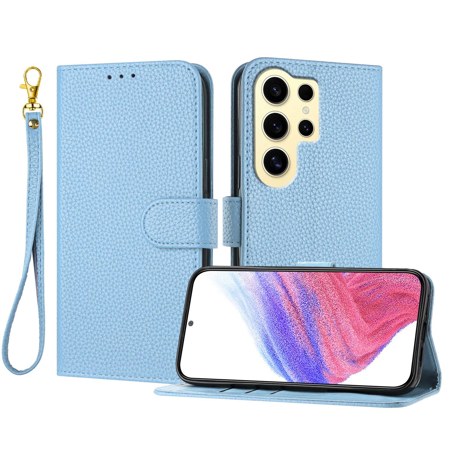 

For Samsung Galaxy S24 Ultra Leather Case Litchi Texture Wallet Stand Anti Drop Phone Cover with Wrist Strap Blue