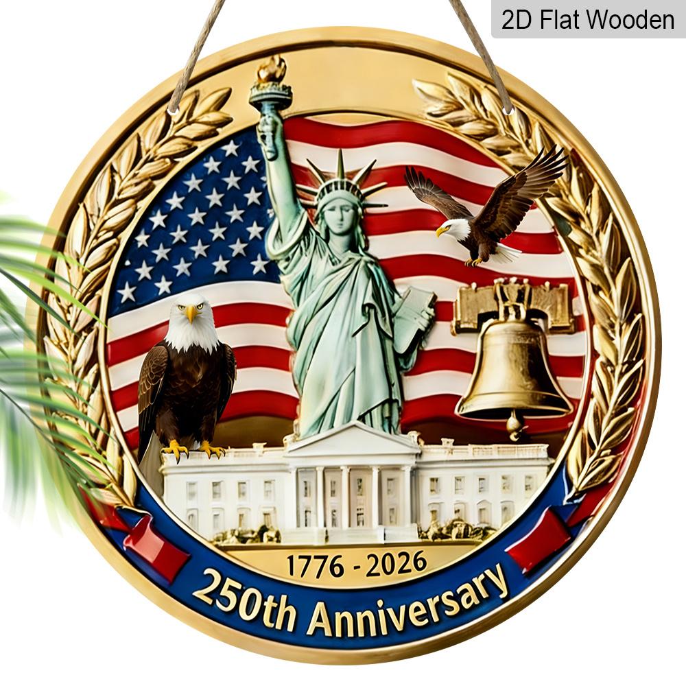 1pc 250th Anniversary Patriotic Wooden Hanging Sign - Round Statue of Liberty & American Flag Decor with Bald Eagle & Liberty Bell Accents for Porch