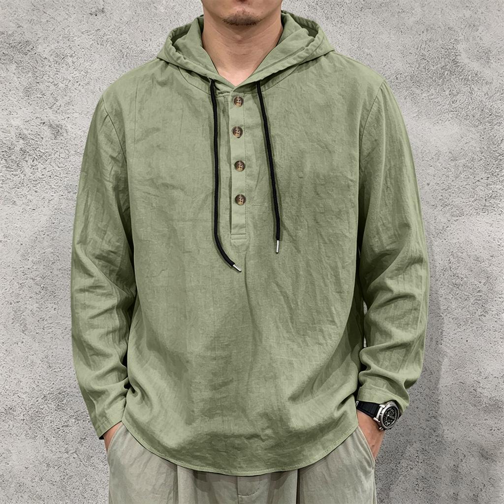 Men's Long Sleeve Hoodie Shirt Linen Drawstring Button Front Pullover Casual Loose Fit Lightweight Top for Spring Autumn