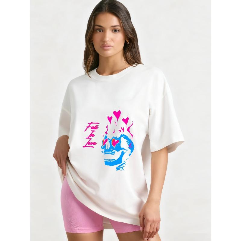 

Футболка оверсайз черная с принтом черепа, сердца и пламени для женщин, уличная одежда, повседневная одежда XXXXL белый