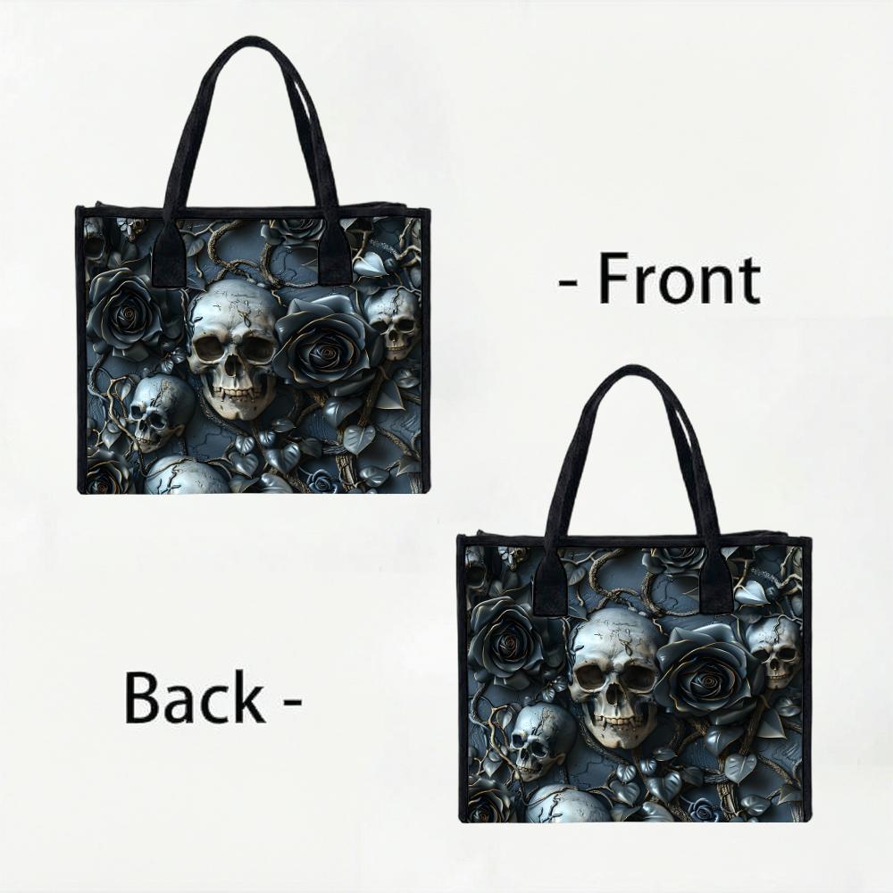 Gothic Skull Rose Print Shoulder Tote Bag Fashion Daily Use Casual Handbag for Street Outgoing Carry All