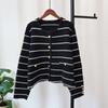Autumn and winter new striped knitted double-sided tweed jacket temperament loose contrasting color sweater cardigan women