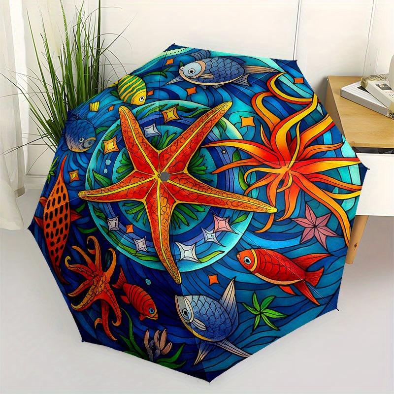 

Underwater Paradise: Vibrant Sea Life Stained Cute Window Panel Umbrella, Cute Umbrella with Cute Design, Portable 3-Fold Compact Umbrella for Men & W