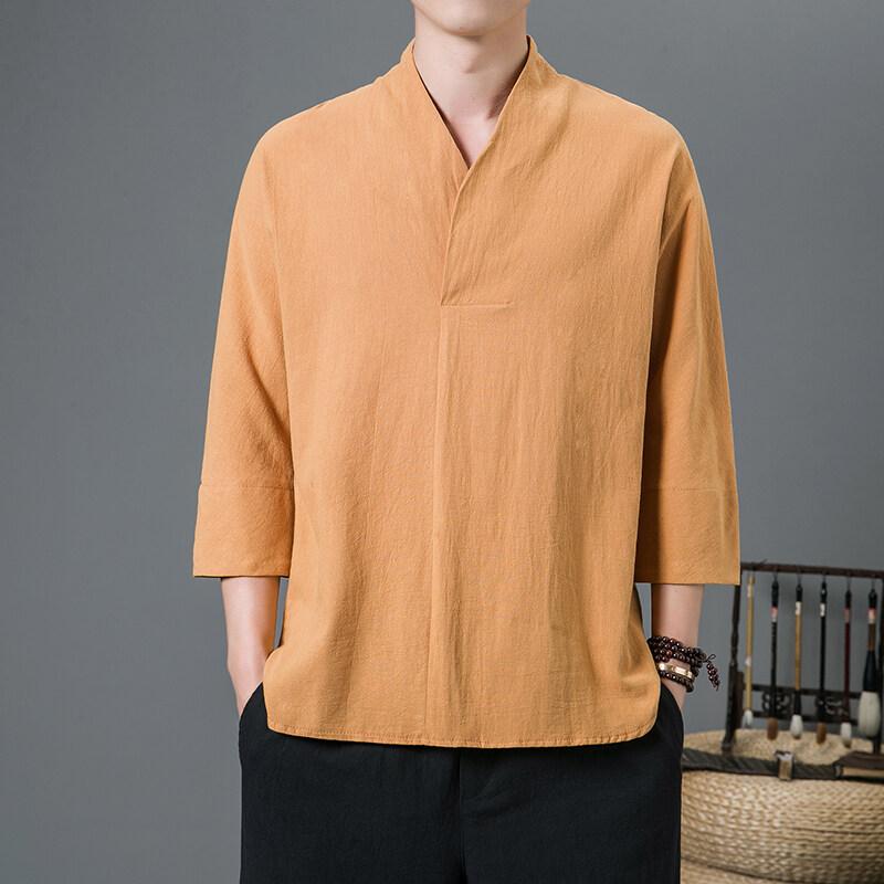 Spring Summer 2025 New Chinese Style T-Shirts Fashion Men Three-Quarter Sleeve V-Neck Tops Tees Men Casual Solid-Color Hanfu