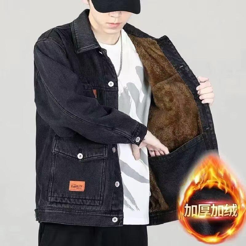 Fleece thickened denim loose pockets wear-resistant multi-cold and windproof jacket feeling top winter