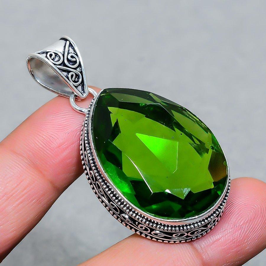 Lab Created Peridot Vintage Pendant 2.1" Silver Tone Pear Cut Gemstone Jewelry