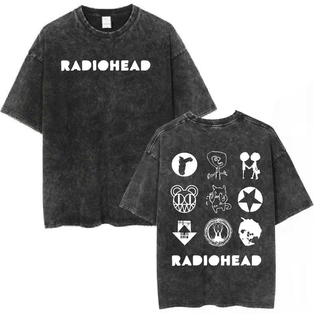 Rock Band Radiohead Music Album Merch Vintage Washed T Shirt Men Women Fashion Gothic Retro Casual Oversized T-shirts Streetwear