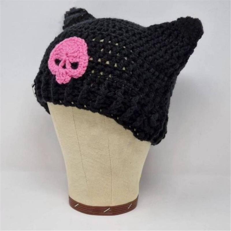 Y2K Anime Ear Cap Windproof Hat Female Beanie Headwear Handcrochet Pullover Hat