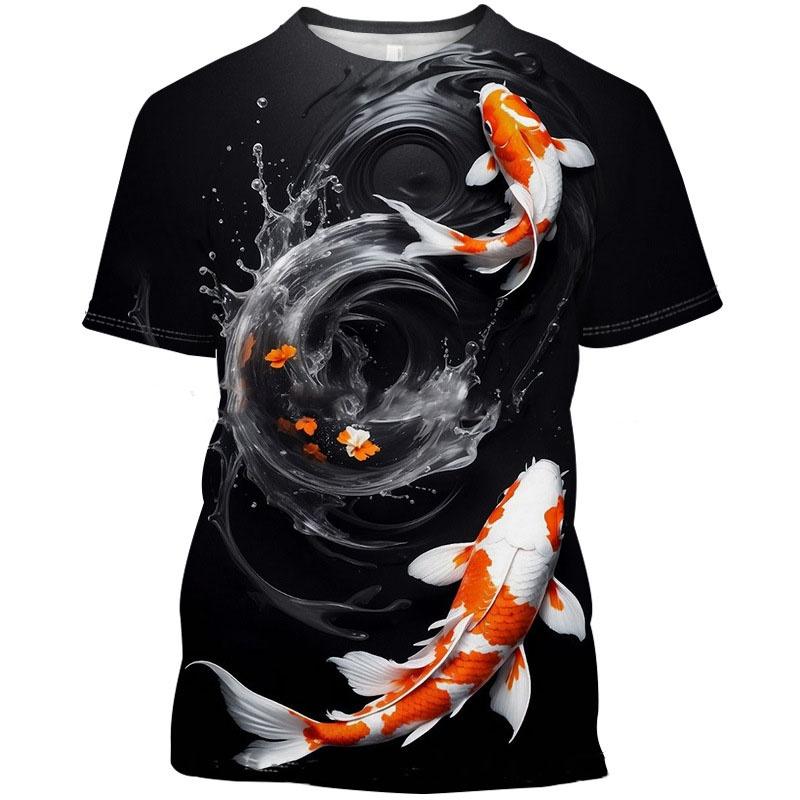 Koi Goldfish Pattern Summer Men's T-shirt Fun Fish 3D Printed Short Sleeved Top Fashionable Street Daily Casual Round Neck Pullover