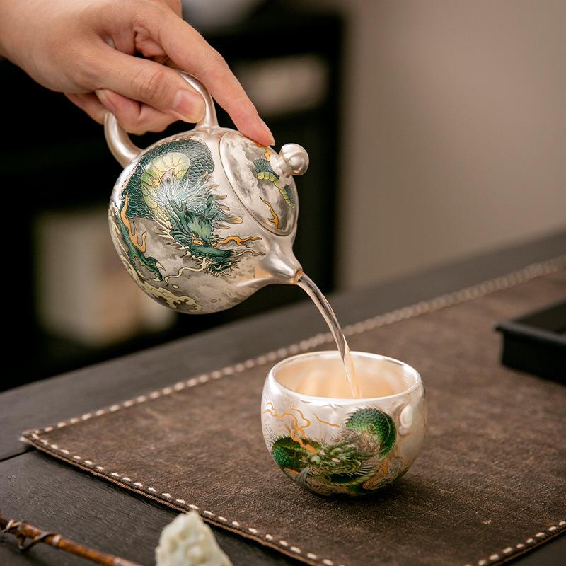 Silver Teapot 999 ******lver Qinglong Teapot Chinese Kung Fu Tea Set Tea Pot Household Filter Single Pot High-end Gift Box